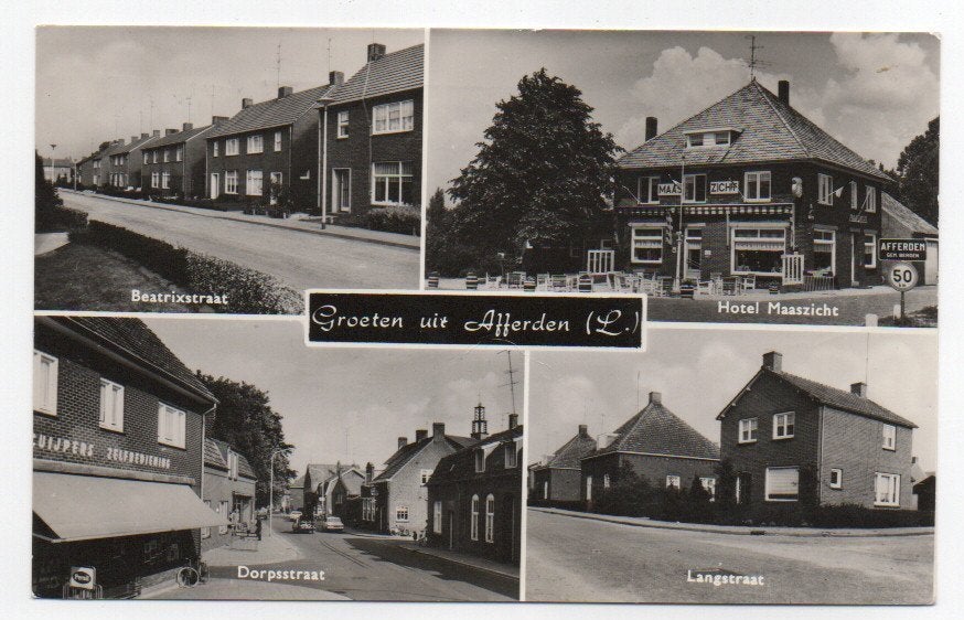 Groeten uit Afferden 4-luik met o.a. hotel, winkel, Ophalen, 1960 tot 1980, Gelopen, Limburg