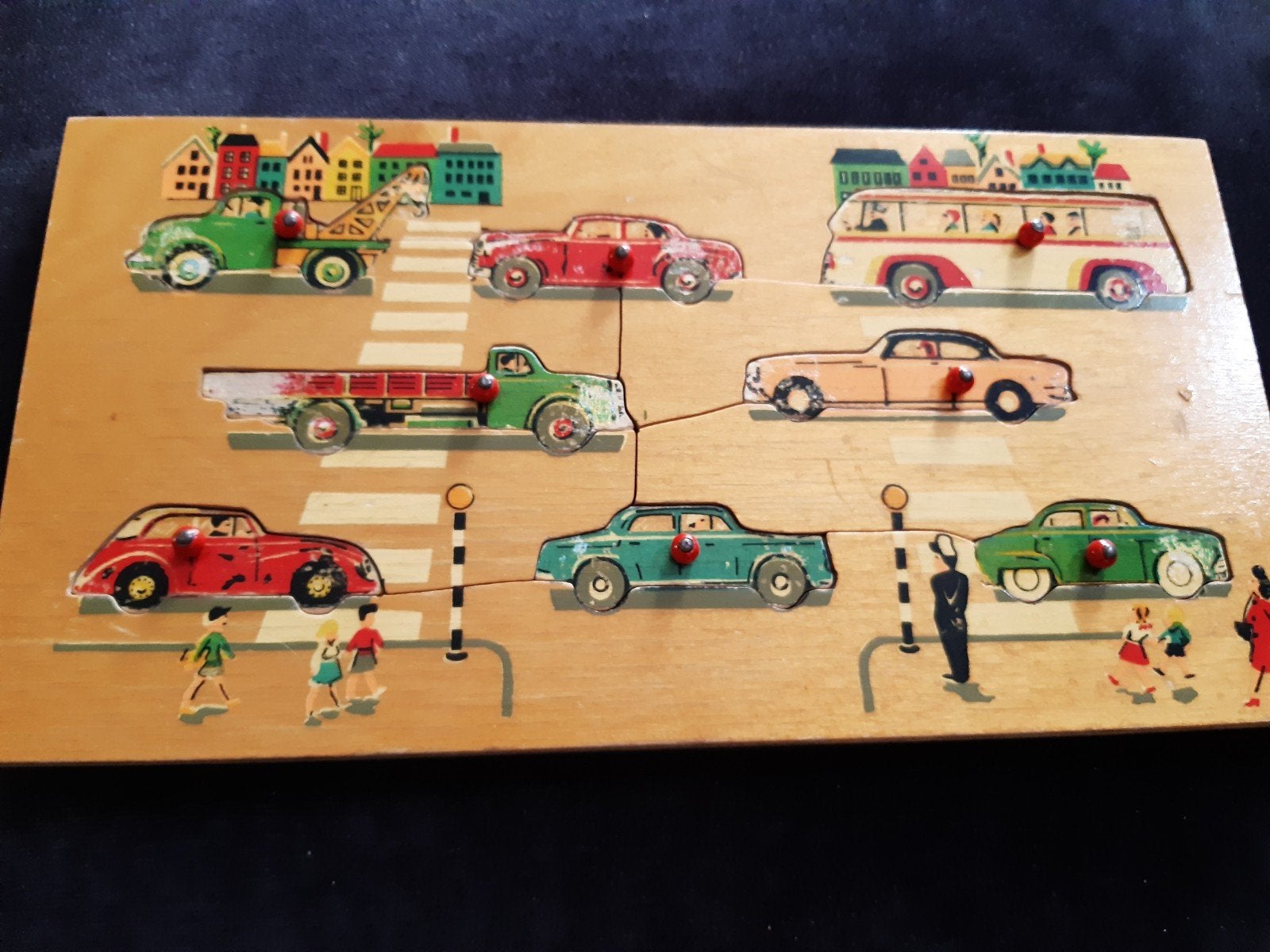 Ouderwetse houten puzzel sleets, auto,s, oud speelgoed, Antiek en Kunst, Curiosa en Brocante, Ophalen of Verzenden