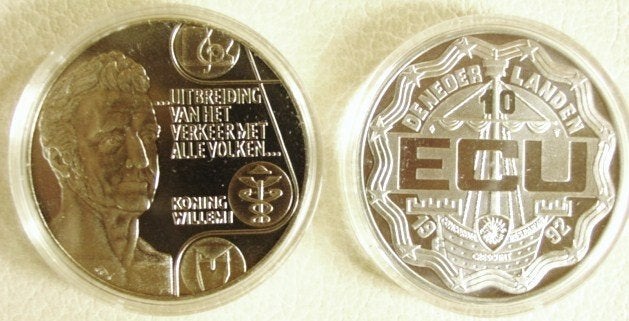 10 Ecu munt Willem I 1992 in doos, Postzegels en Munten, Penningen en Medailles, Verzenden, Overige materialen, Nederland