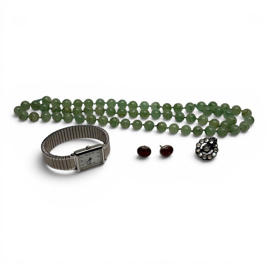 Lot bijouterieën, o.a. geknoopt jade collier, Ophalen of Verzenden, Overige materialen, Ketting