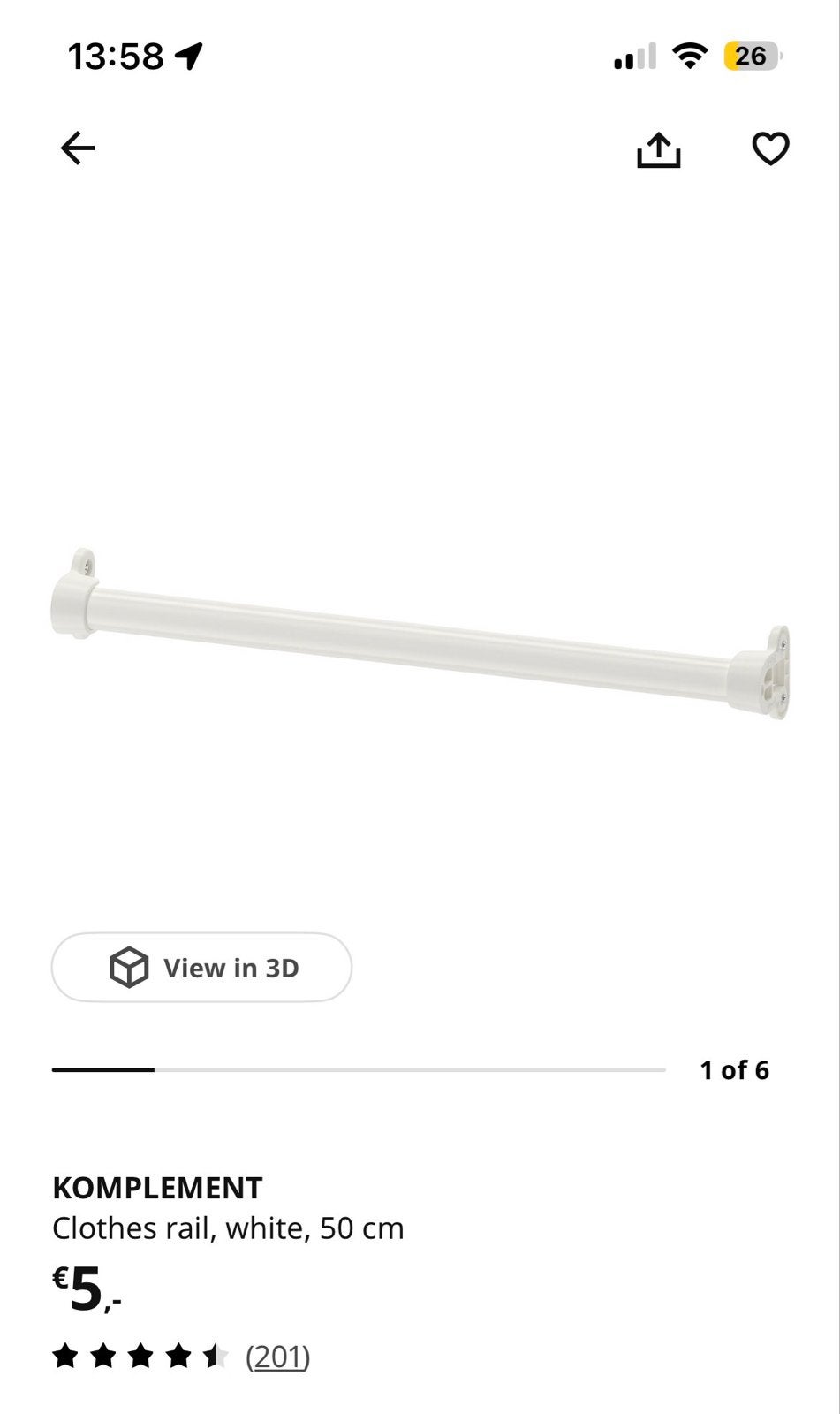 IKEA KOMPLEMENT Kledingroede Wit 50 cm, Ophalen, Minder dan 50 cm, Nieuw, Minder dan 25 cm