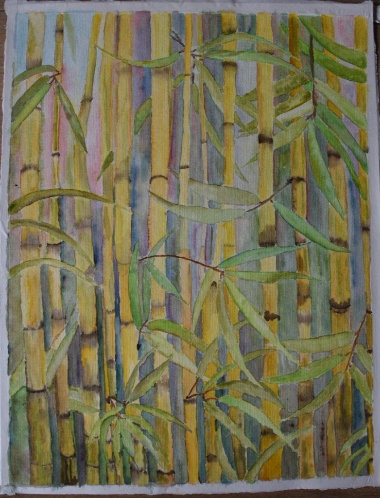 Handgemaakt Bamboe Aquarel op Papier - 65x50 cm, Ophalen, Realistisch, Aquarel, Handgeschilderd