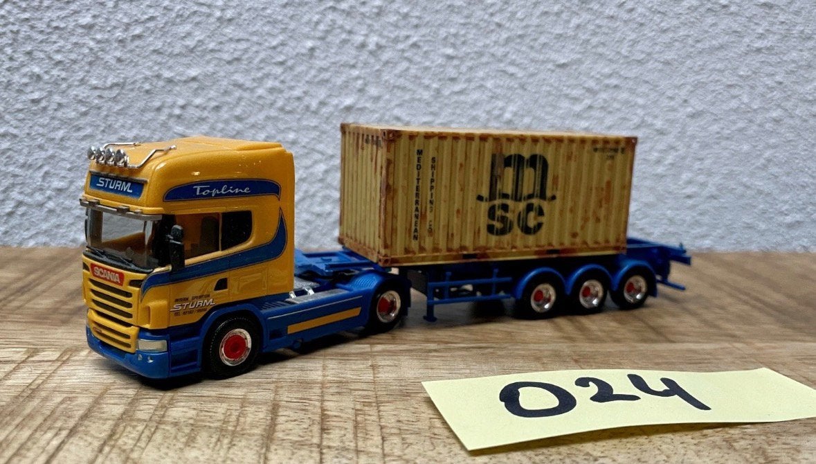 024 Herpa Scania R 09 TL spedition Sturm Container MSC, Ophalen of Verzenden, Zo goed als nieuw, Bus of Vrachtwagen, Herpa