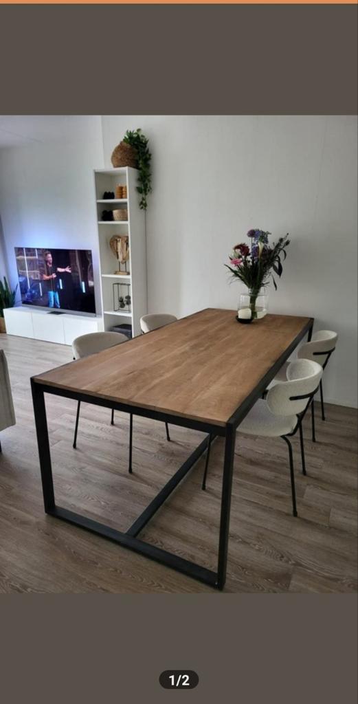 Eettafel 220x100 cm met zwart stalen frame en hardhout, Overige houtsoorten, 100 tot 150 cm, 200 cm of meer, Ophalen of Verzenden