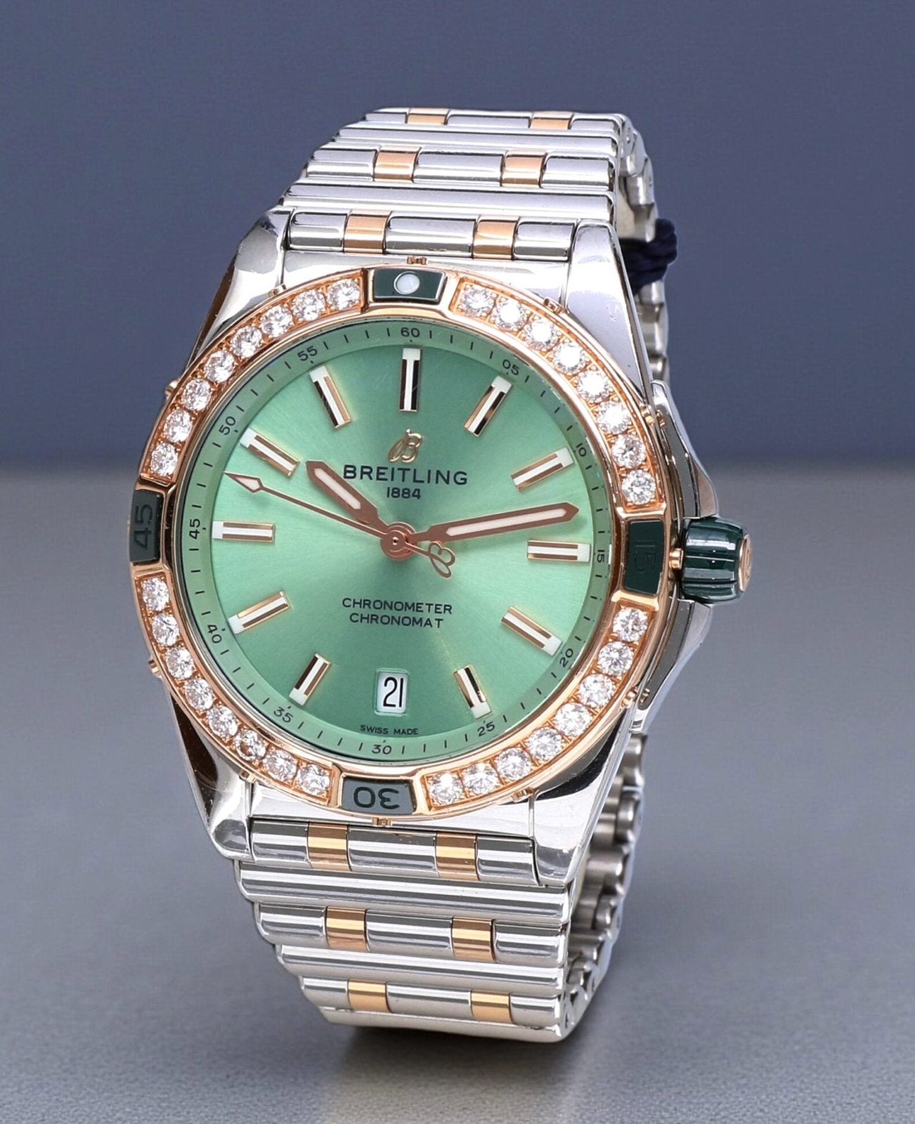 Breitling Super Chronomat 38 Rose GS Groen Factory Diamonds, Sieraden, Tassen en Uiterlijk, Horloges | Dames, Ophalen of Verzenden
