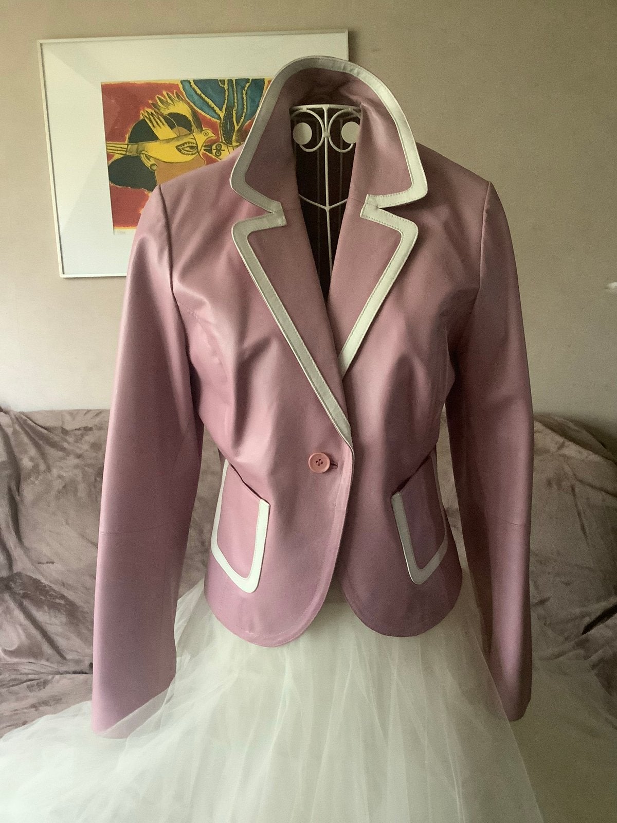 Roze leren blazer met witte accenten, Ophalen of Verzenden, Zo goed als nieuw, Maat 38/40 (M), Roze
