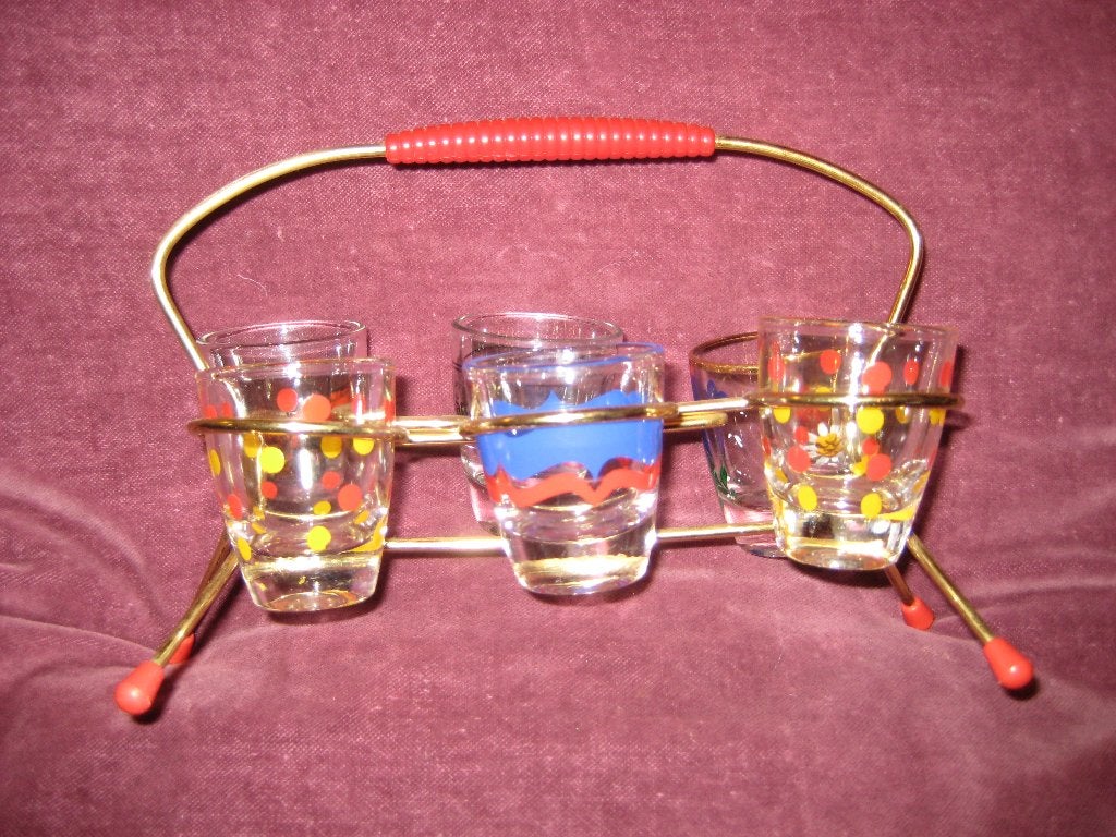Standaard met 6 glazen uit de jaren 50, Verzamelen, Retro, Ophalen of Verzenden, Huis en Inrichting