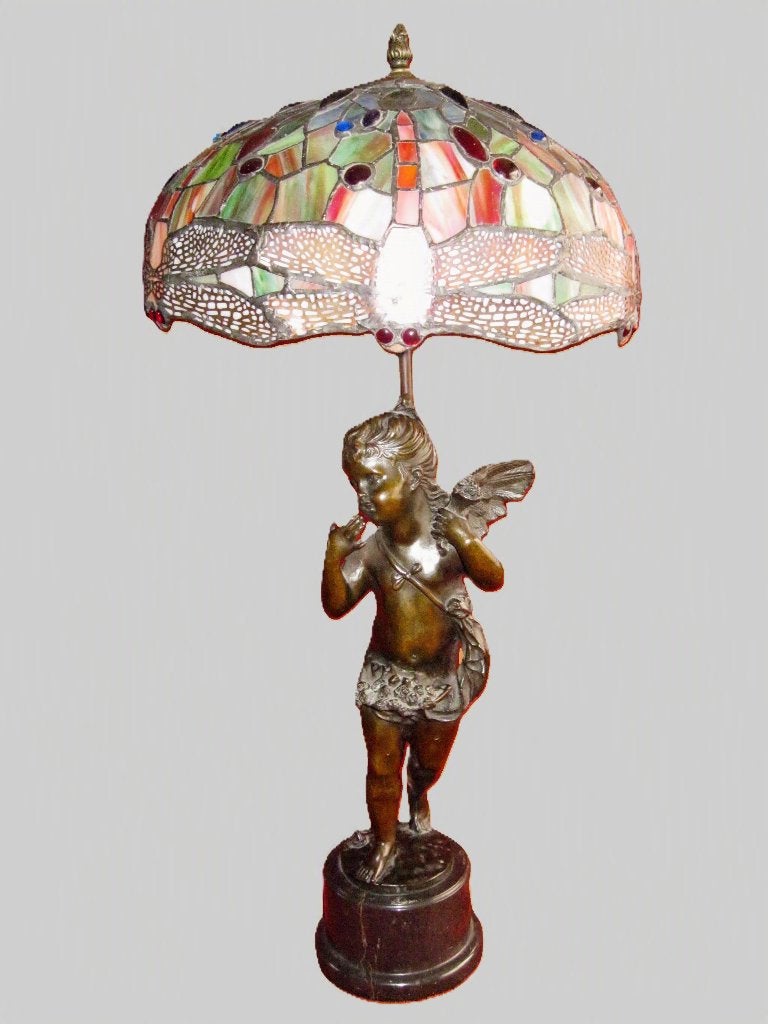 Grote bronzen beeld met Tiffanykap lamp engel in brons., Antiek en Kunst, Ophalen, Brons