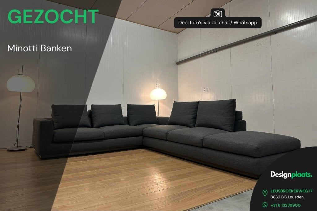 GEZOCHT: Minotti Bank / Hoekbank — Directe Inkoop, Minotti, Design Bank Bankstel Zetel Minotti, Www.designplaats.nl, Vierpersoons of meer