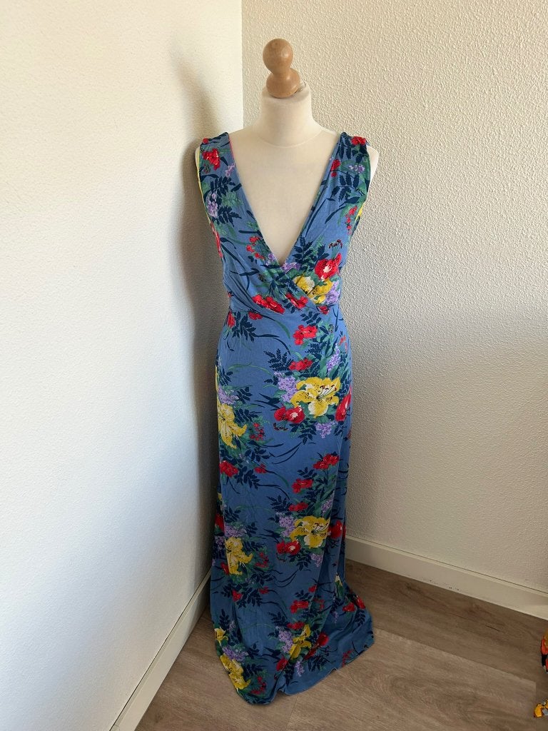 King Louie maat XL maxi blauwe bloemen jurk 3055, Blauw, Maat 46/48 (XL) of groter, Ophalen of Verzenden, Zo goed als nieuw