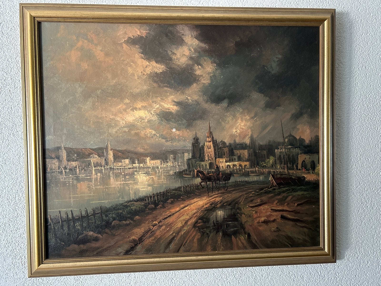 Olieverfschilderij: Stadsgezicht met paard en wagen, Ophalen of Verzenden