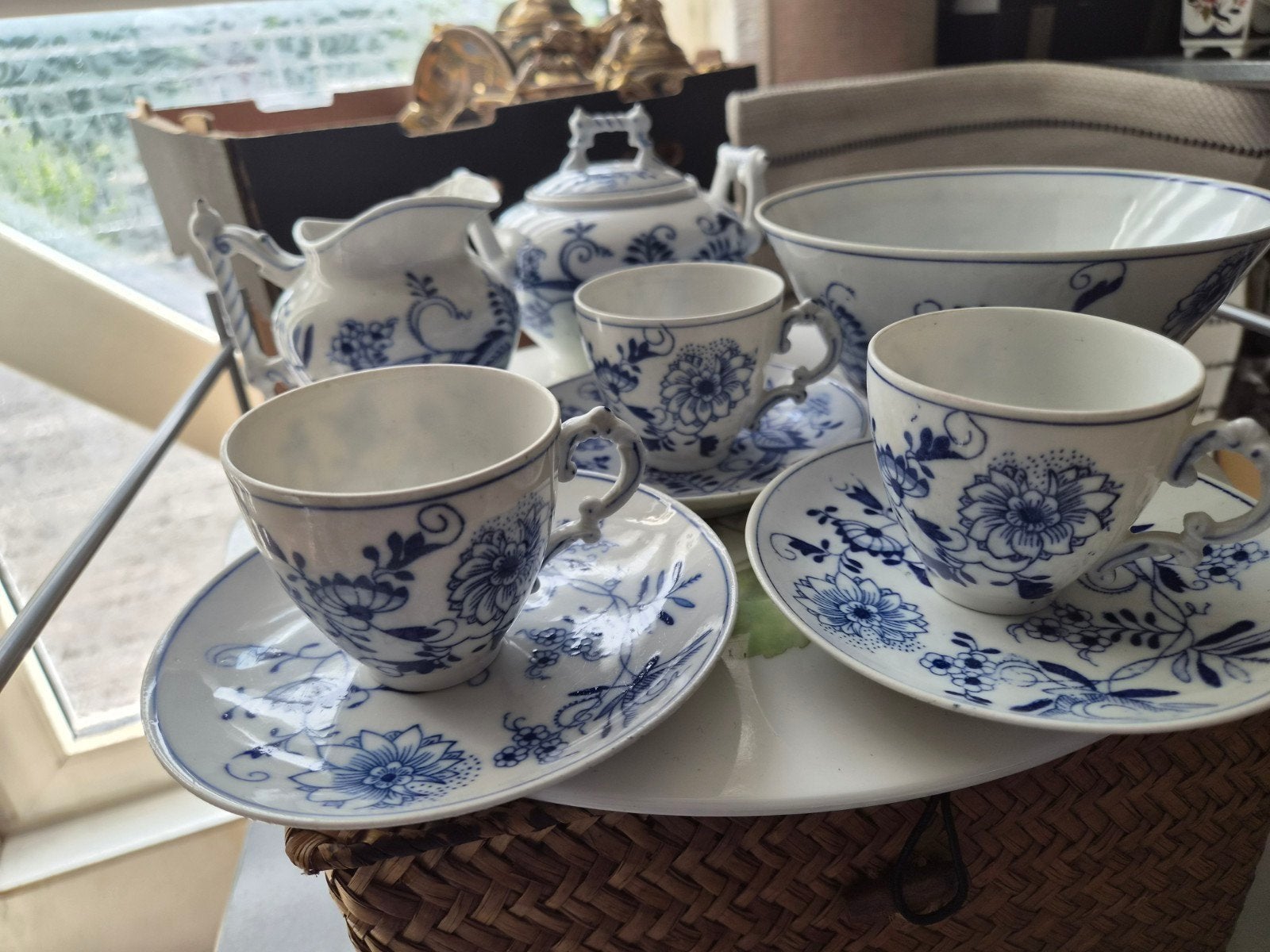 Antiek Blauw Saksisch Strobloem Porselein 1883/1888 en Servi, Ophalen of Verzenden
