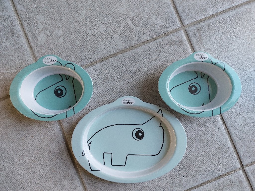 3x Done bydeer baby servies, melamine, als nieuw', Ophalen of Verzenden, Zo goed als nieuw, Overige typen