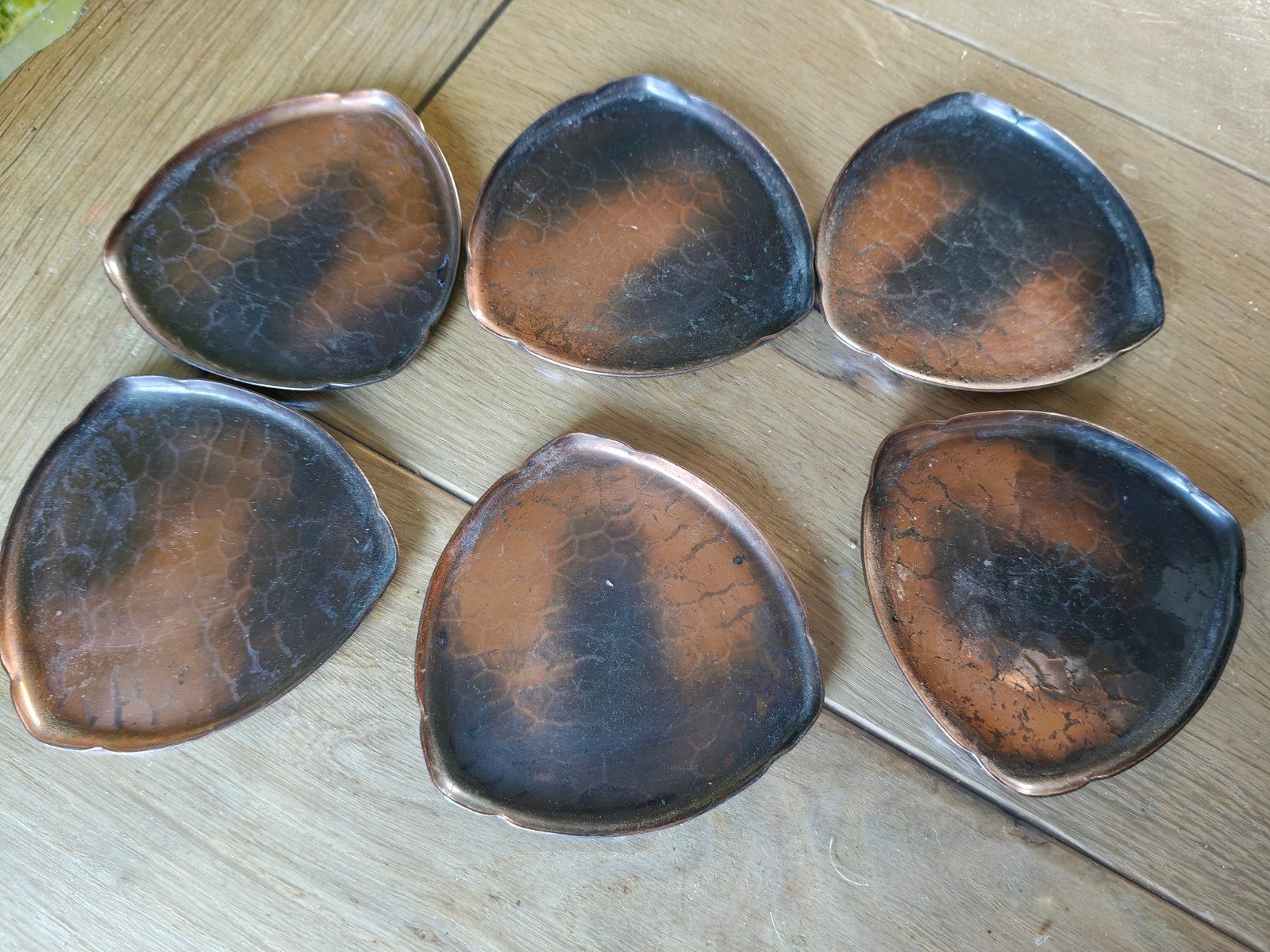 6 koperen onderzetters met gevlamd Patina, Antiek en Kunst, Ophalen of Verzenden, Koper