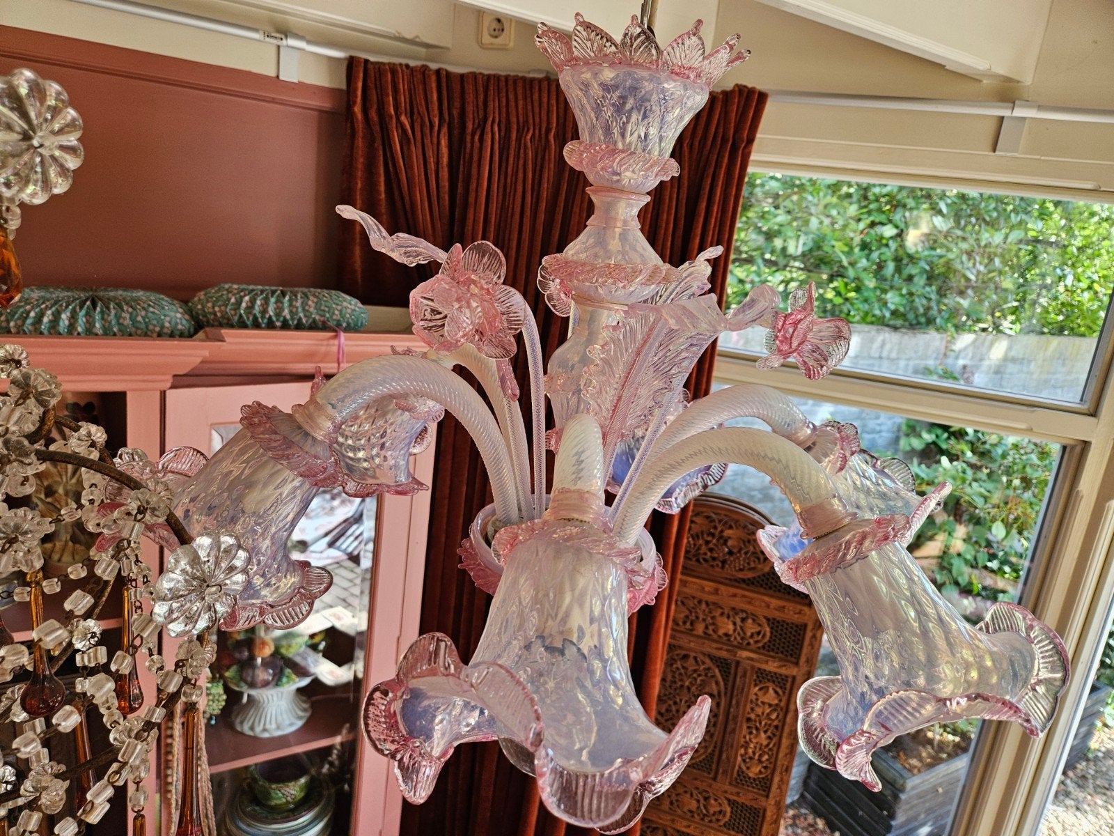 Antieke Murano glazen kroonluchter - roze/wit, Ophalen of Verzenden
