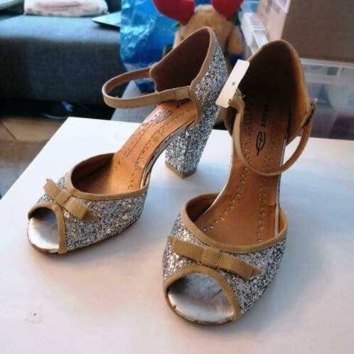 Bronx feestelijke zilver glitter schoenen met beige 37 29537