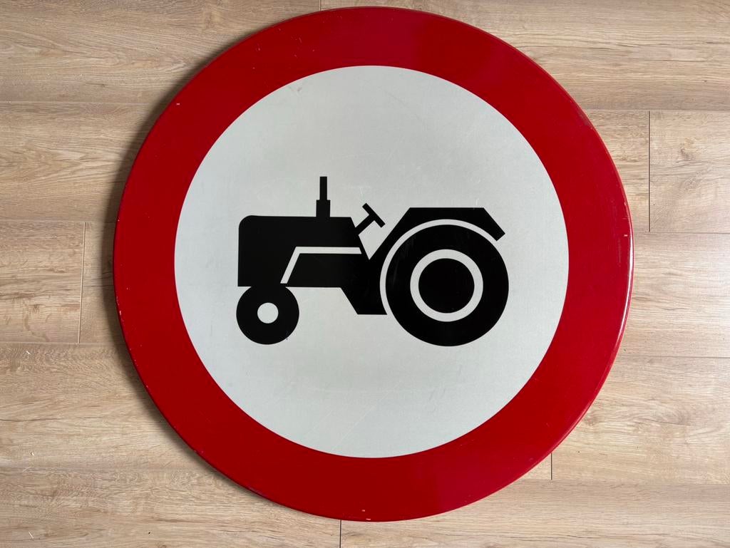 Oud groot verkeersbord verboden voor landbouwvoertuigen 80cm, Ophalen, Gebruikt, Reclamebord
