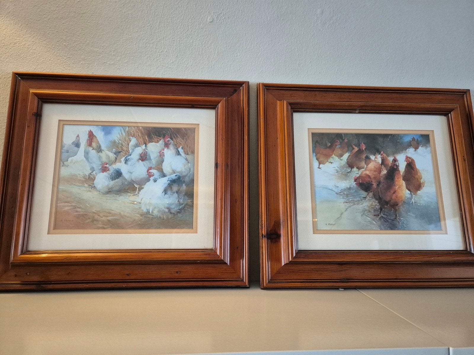 2 brocante kippen prenten €60,-, Ophalen