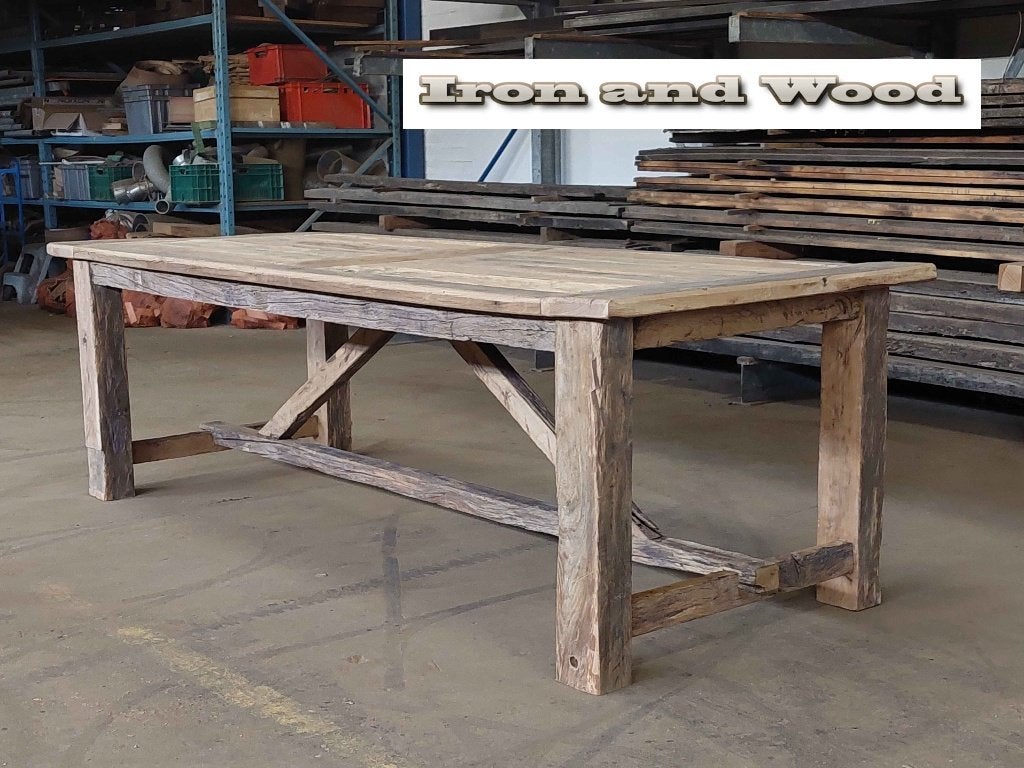 Oud eiken barnwood robuuste kloostertafel - op maat gemaakt, Ophalen