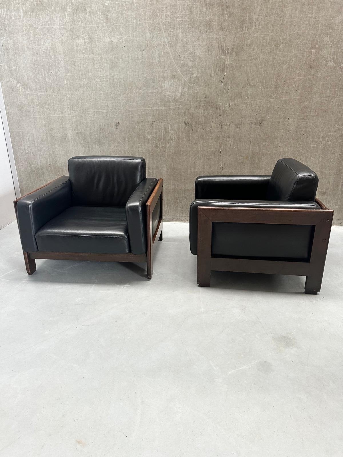 Knoll Bastiano Fauteuils Zwart Leer Notenhout Afra & Tobia, Gebruikt, Leer, Ophalen of Verzenden, X