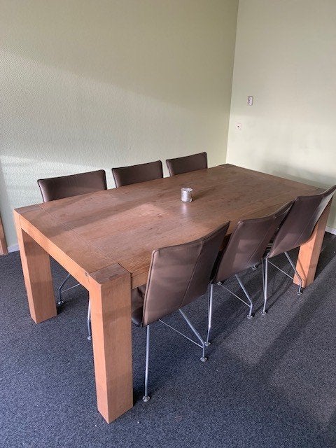 Eethoek - Henders & Hazel Tafel + 6x FraMati Leren Stoelen, Huis en Inrichting, ., Eikenhout, 200 cm of meer, Zo goed als nieuw