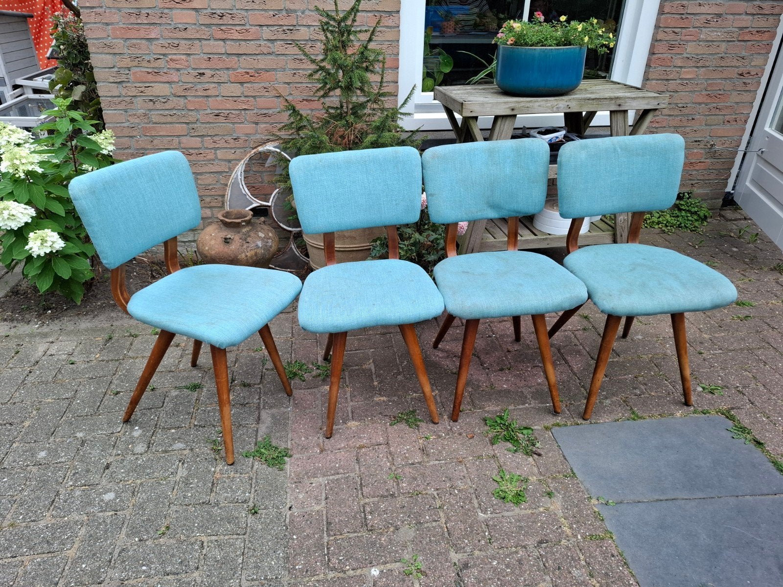 Set van 4 vintage retro stoelen, Ophalen, Gebruikt, Blauw, Vier