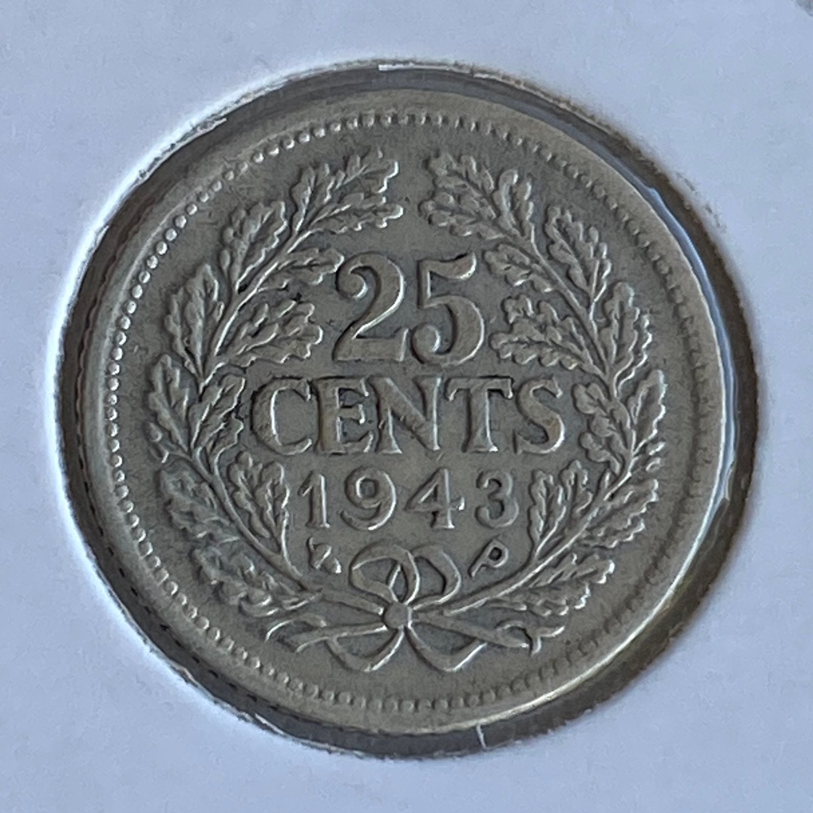 25 Cent Zilver uit 1943 Pe / Ep van Wilhelmina, Postzegels en Munten, Munten | Nederland, Verzenden, Zilver, 25 cent, Koningin Wilhelmina