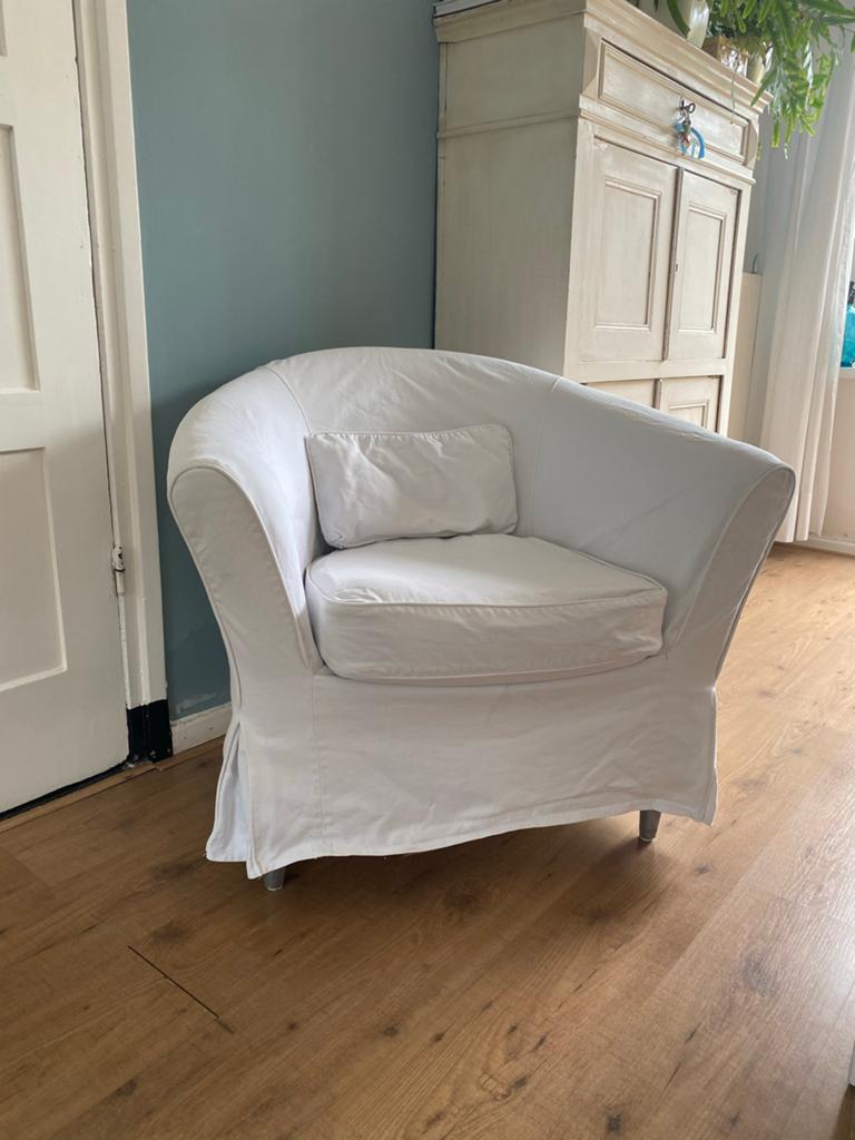 Witte fauteuil met afneembare hoes, gebruikssporen, Huis en Inrichting, Ophalen, Gebruikt, Minder dan 75 cm, 75 tot 100 cm