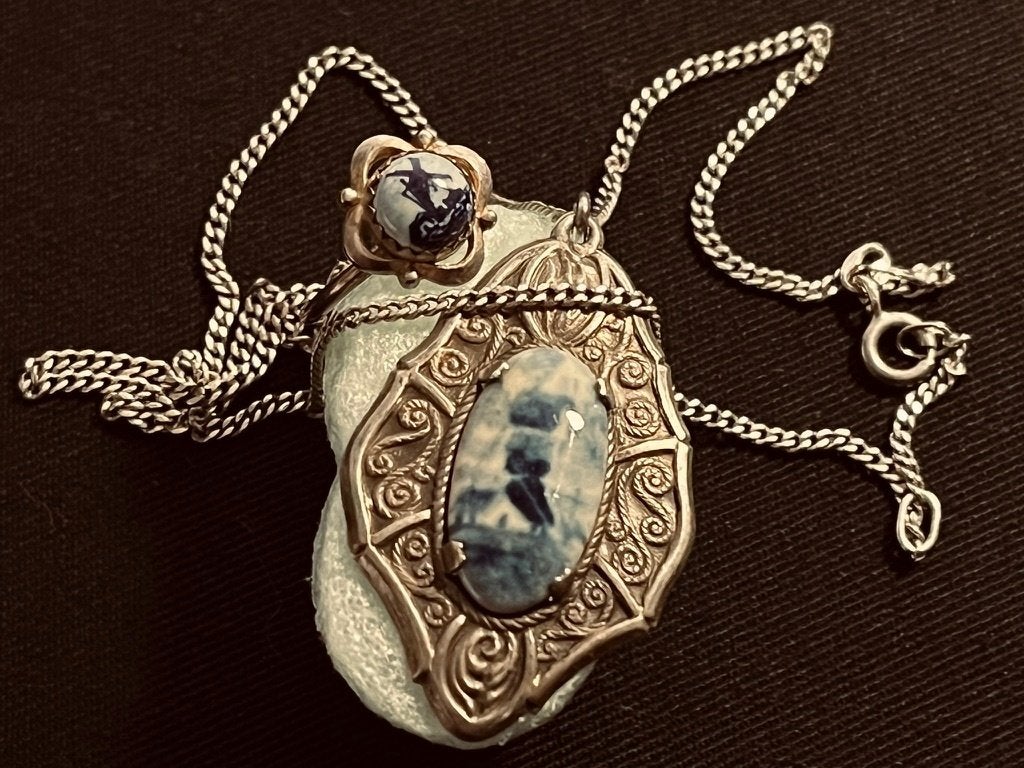 Vintage zilveren Delfts Blauwe hanger plus ringetje, Overige voorstellingen, Ophalen of Verzenden, Zo goed als nieuw, Zilver