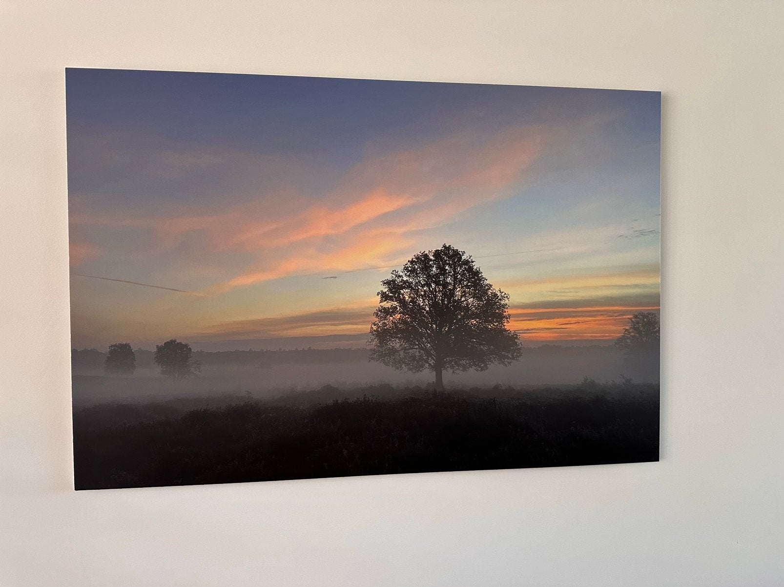 Foto poster op kunststof (heide in ochtendmist) 120 x 80 cm, Ophalen, Nieuw, Foto of Poster