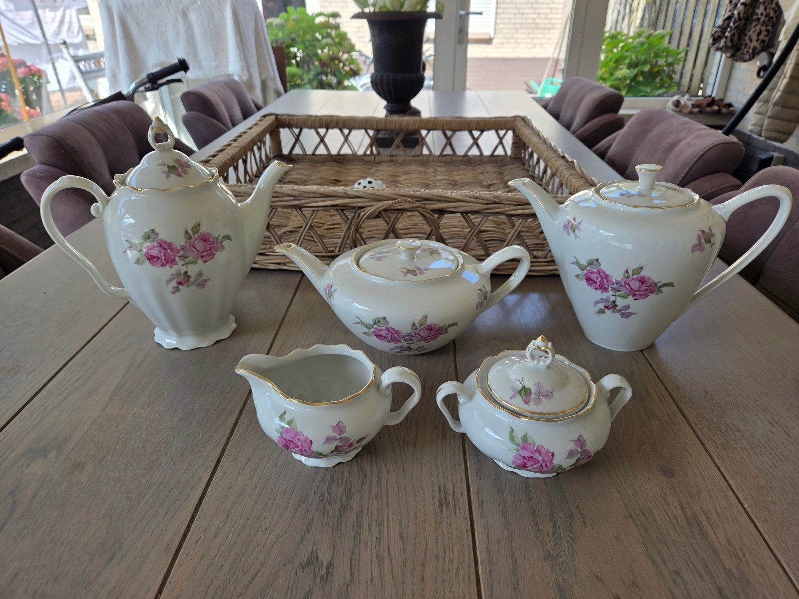 brocante romantische rozen servies koffie thee kan roze wit, Antiek en Kunst, Ophalen