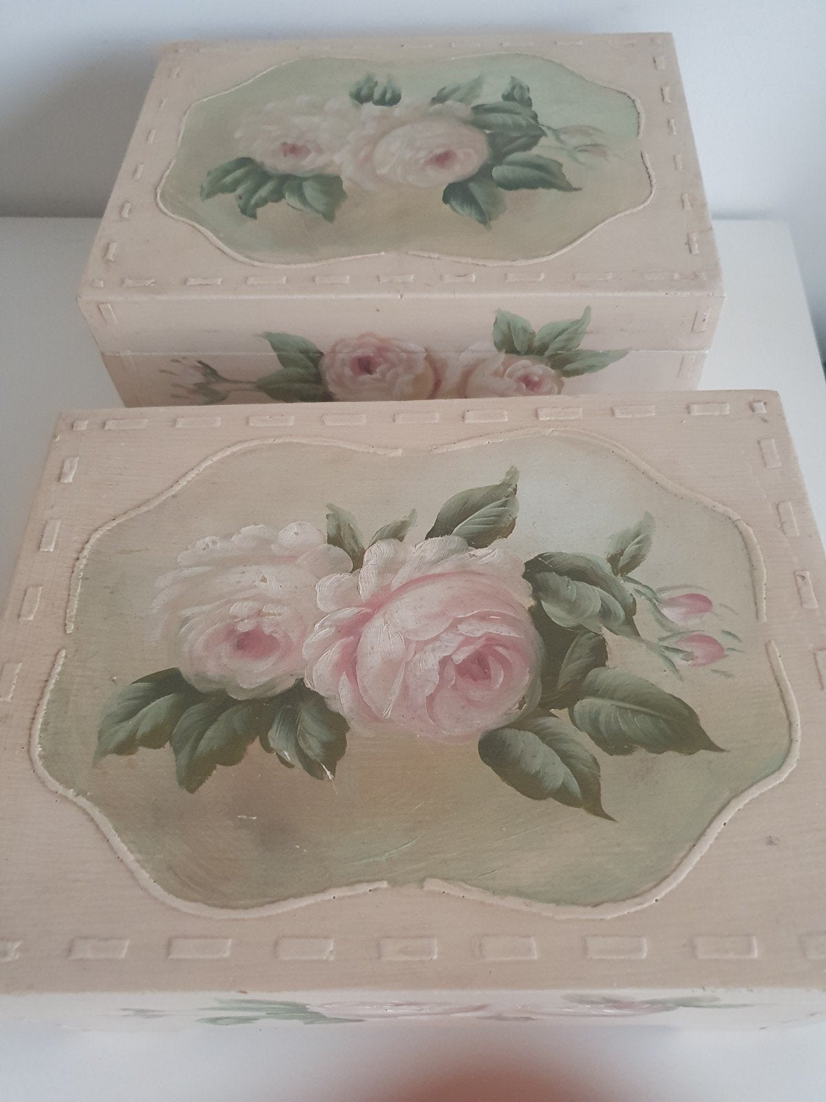 vintage 2 brocante handgeschildert houten opbergdozen 27x13x, Ophalen of Verzenden, Zo goed als nieuw, Bruin
