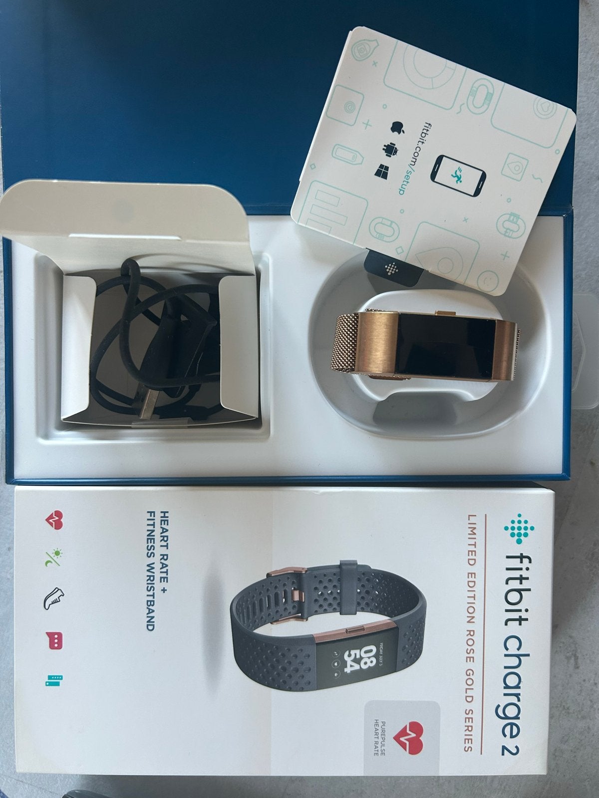 Fitbit Charge 2 Rose Gold met extra blauw bandje, Blauw, Hartslag, IOS, Ophalen of Verzenden
