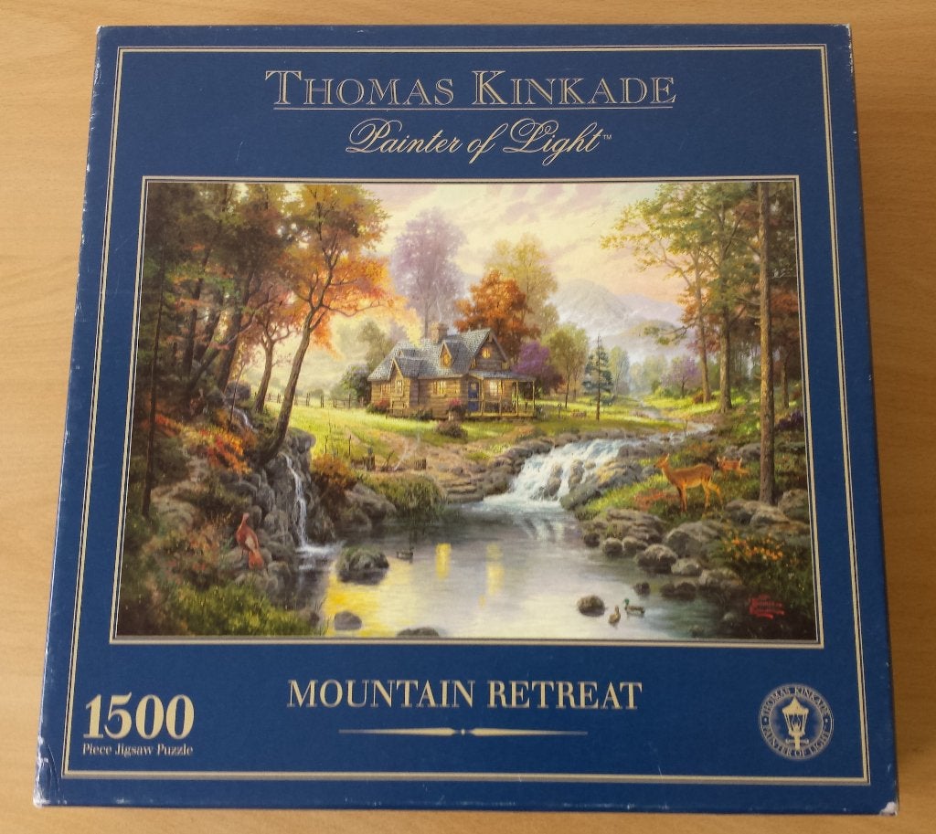 Puzzel Mountain Retreat - Thomas Kinkade - 1500 st. - Gibson, Ophalen of Verzenden, 500 t/m 1500 stukjes, Gebruikt, Legpuzzel
