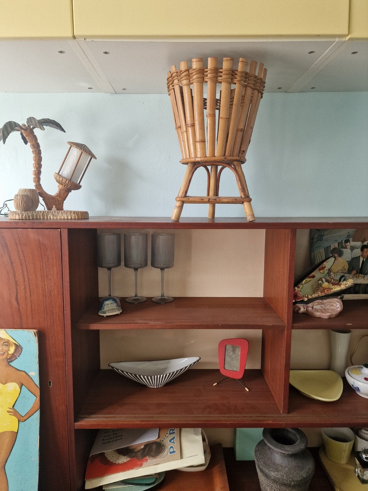 Vintage Mid Century Tiki rotan bloempot houder plantenbak, Ophalen of Verzenden, Huis en Inrichting