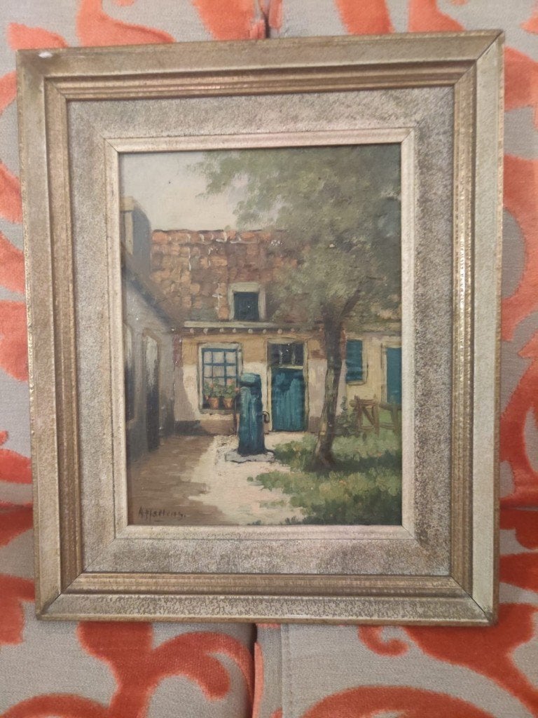 Oud olieverf schilderij op paneel – A. Martens –dorpsgezicht, Antiek en Kunst, Ophalen