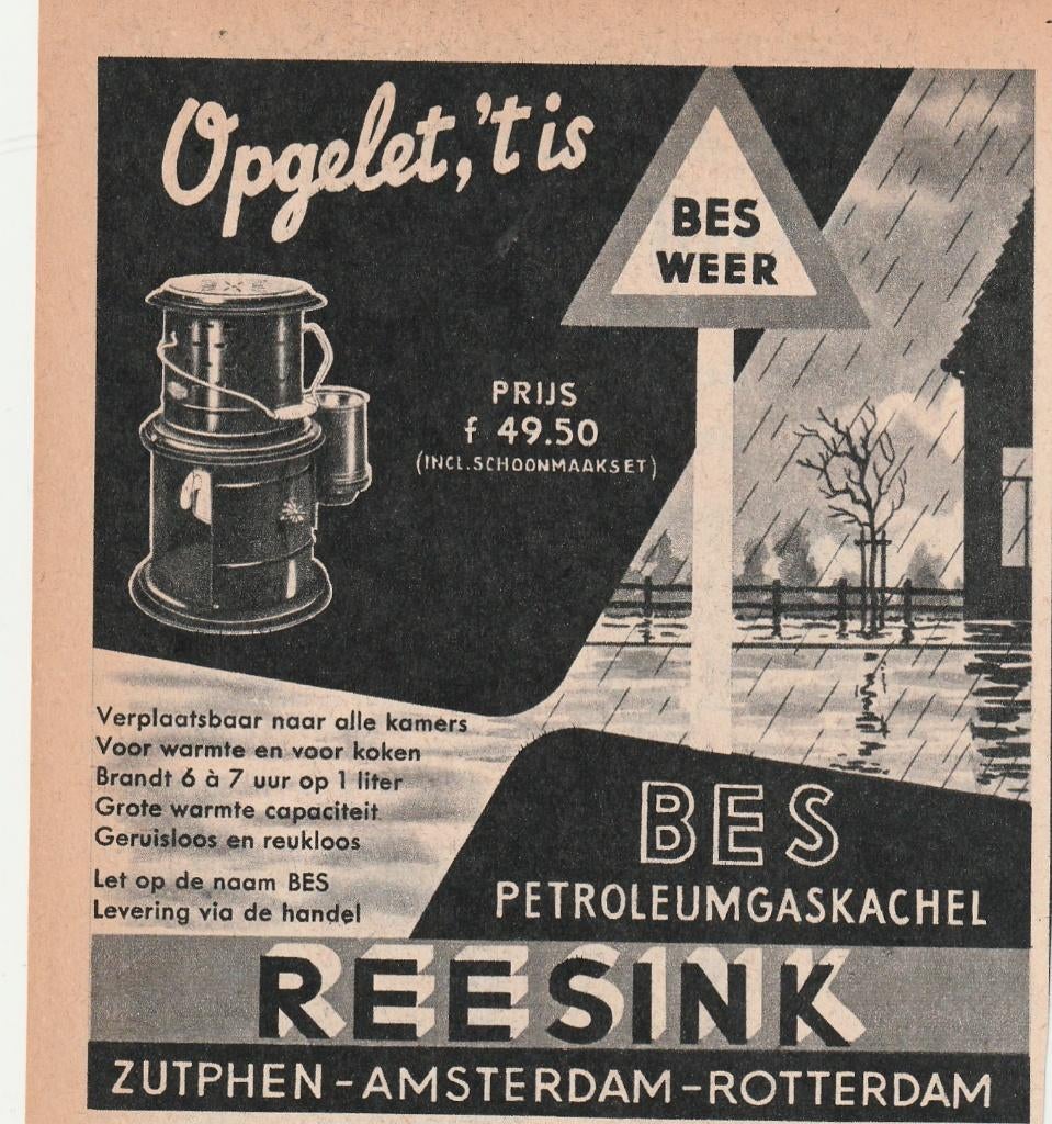 Retro reclame 1955 Reesink Bes petroleum kachel snertweer, Verzenden, Overige typen