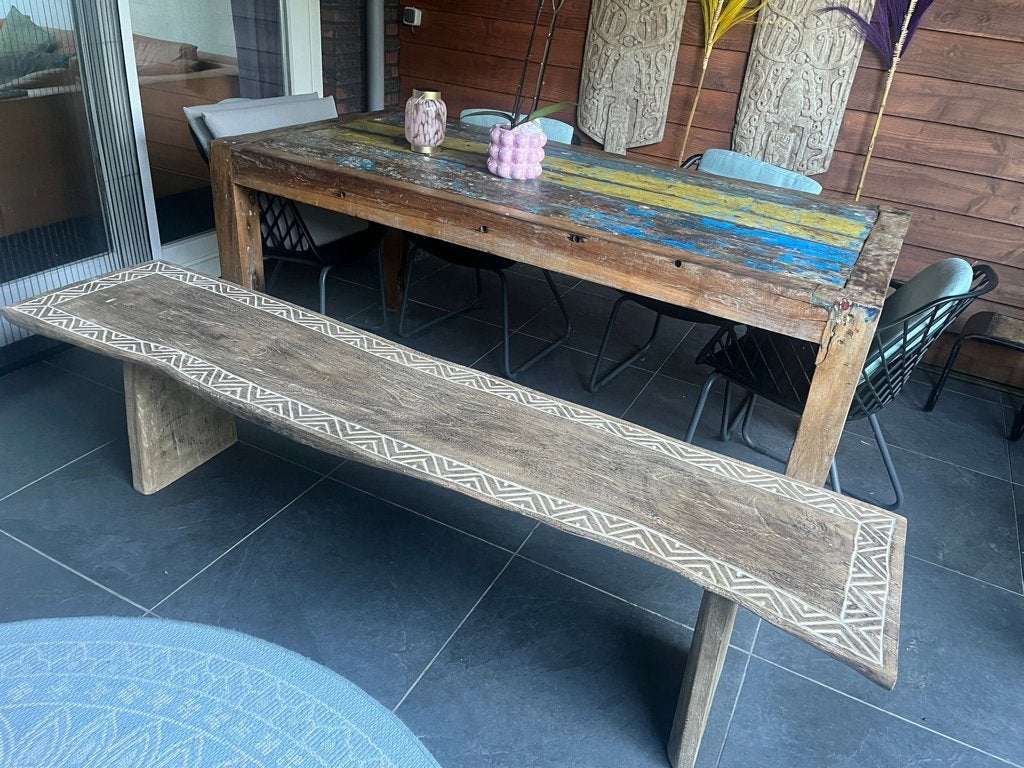 Bali suar hout bank houtsnijwerk Indonesie Boho Ibiza 2 m, Verburgt Vintage, Nieuw, Ophalen of Verzenden, https://verburgtvintage.nl/#contact