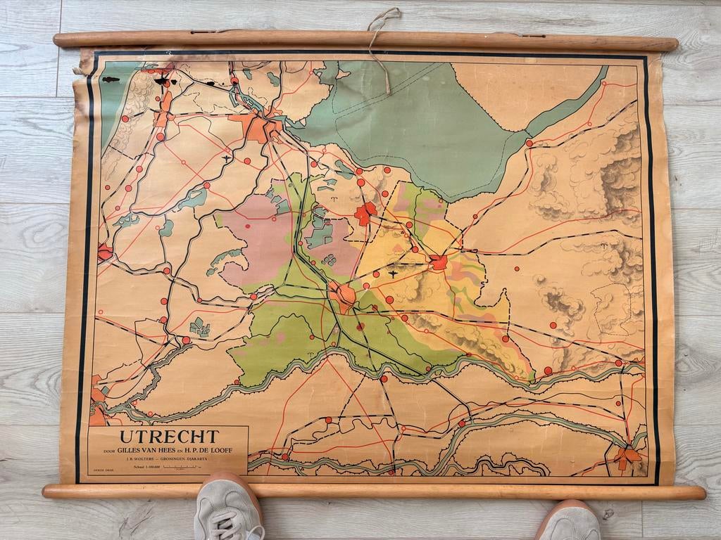 Vintage School Muur Landkaart Utrecht - Hees en de Looff, Landkaart, 1800 tot 2000, Nederland, Ophalen