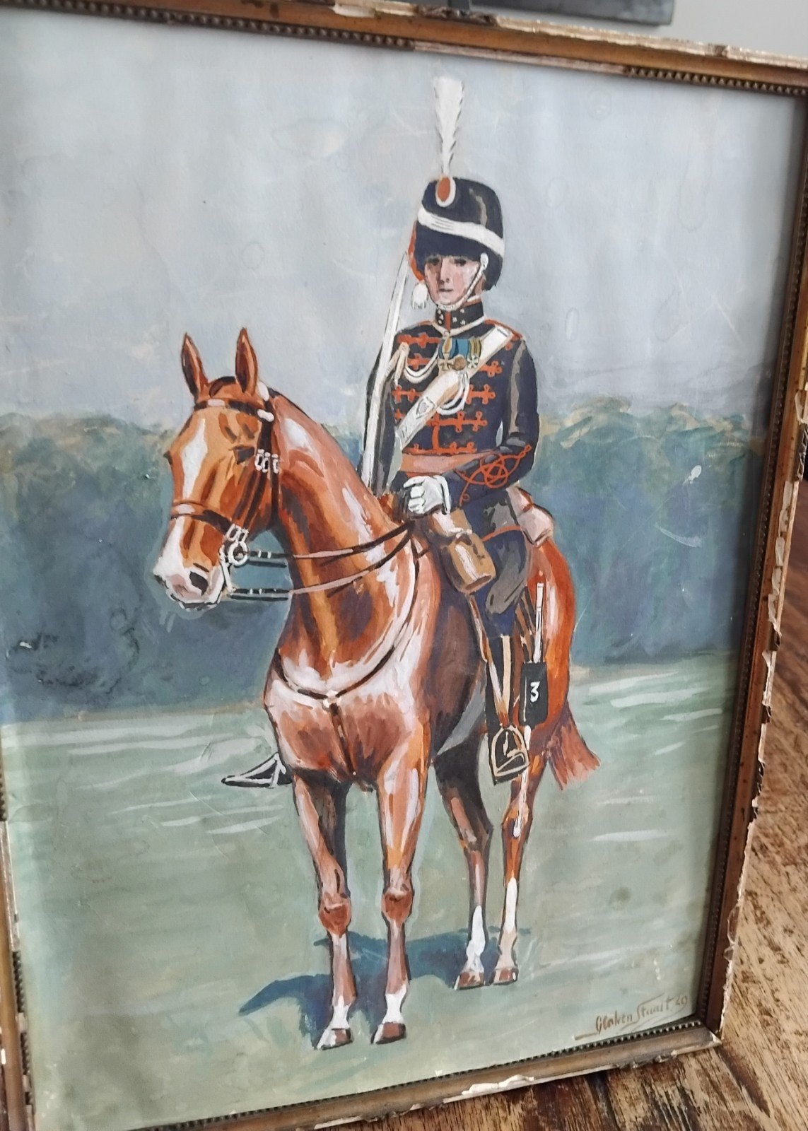 Oud schilderij van soldaat te paard, gesigneerd, Doek, Portret of Personen, Origineel werk, Ophalen of Verzenden