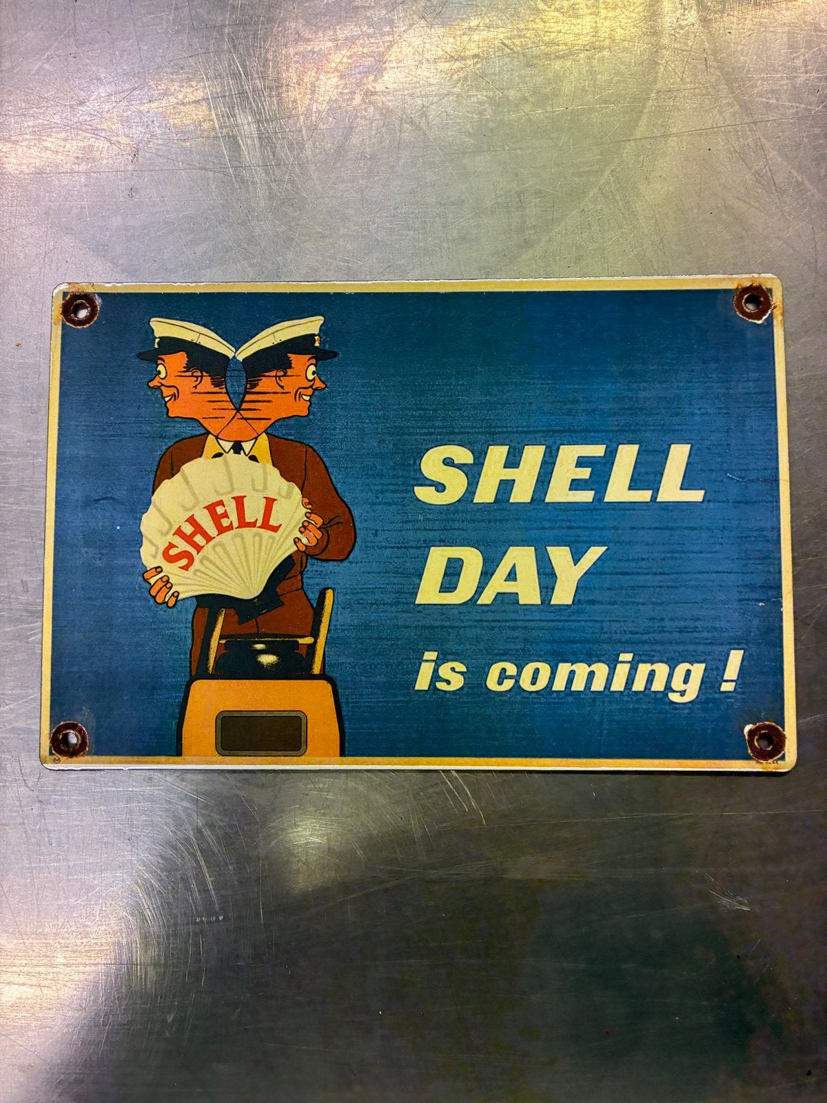Shell Day Emaille Bord - Vintage Reclamebord 20x30 cm, Antiek en Kunst, Ophalen of Verzenden