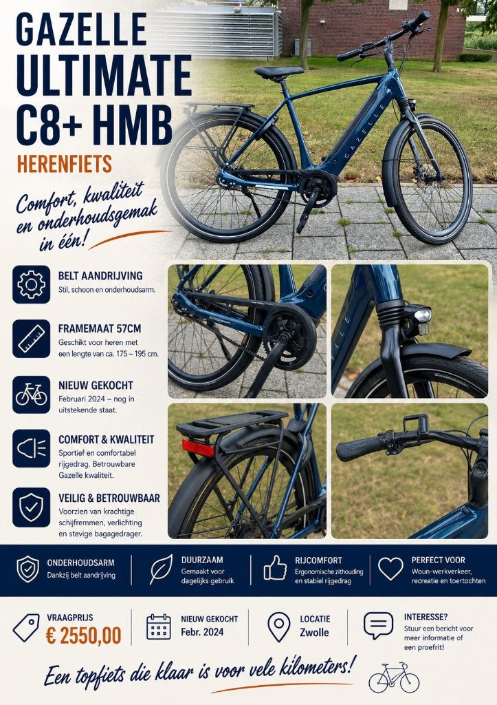 Gazelle Ultimate C8+ HMB / maat 57 / herenfiets, Ophalen, Gebruikt, 50 km per accu of meer, 55 tot 59 cm