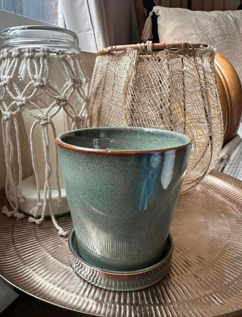 Moderne bloempot met schotel - mintgroen, Rond, Ophalen of Verzenden, Zo goed als nieuw, Aardewerk