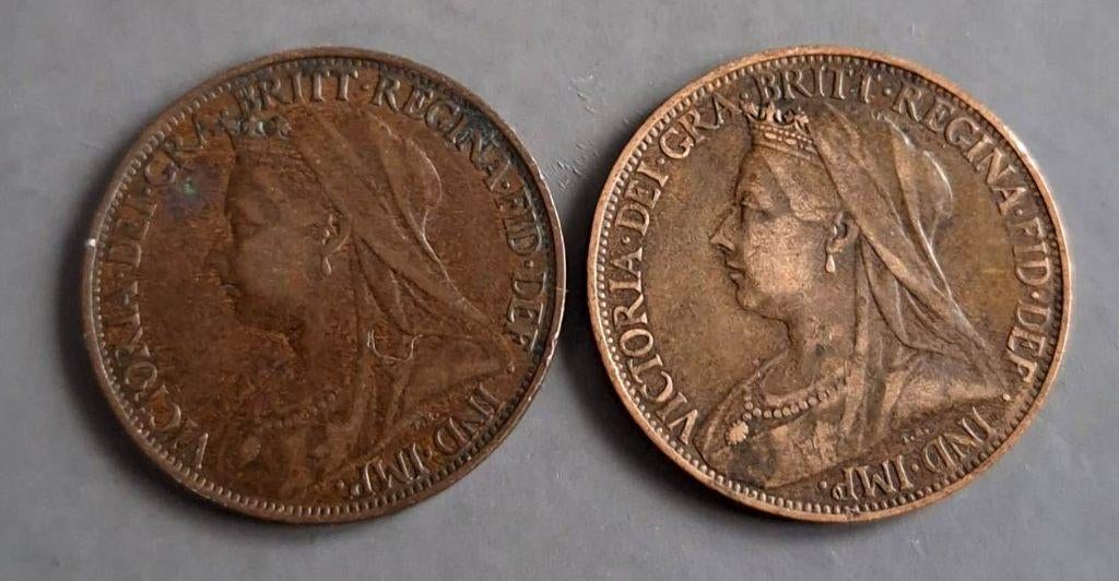 Engeland 2 x Farthing Queen Victoria 1895 + 1896, Ophalen of Verzenden, Overige landen, Losse munt