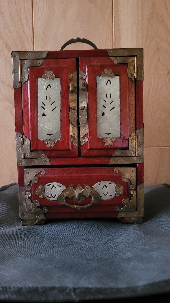 Sieradenkastje Chinees met jade paneeltjes 22 x 15 x 12 cm, Ophalen of Verzenden
