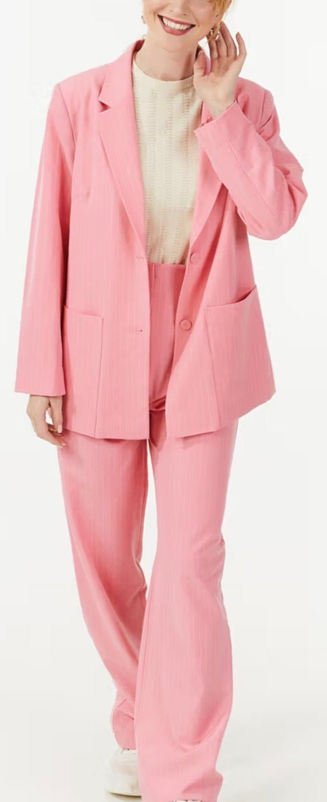 prachtig roze kostuum xl pantalon colbert roze - krijtstreep, Kostuum of Pak, Ophalen of Verzenden, Zo goed als nieuw, Roze