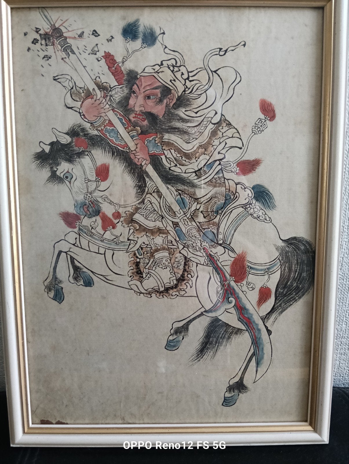 Originele Japanse shita-e: Krijger Guan Yu op paard, Ophalen of Verzenden