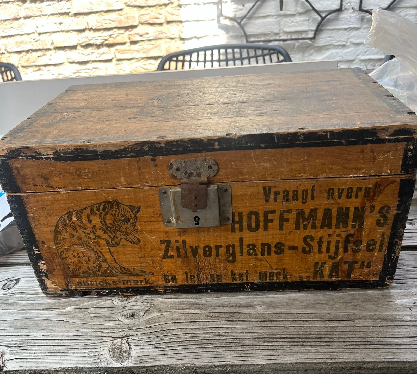 Antieke Houten Kist 'Hoffmann's Zilverglans-Stijfsel Kat', Ophalen of Verzenden