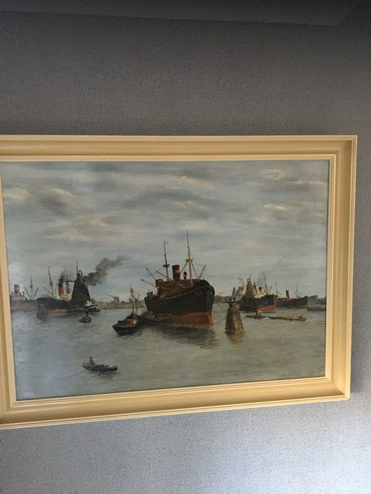 Olieverf op paneel: Haven van Rotterdam met schepen, Ophalen, Realistisch, Olieverf, Ingelijst