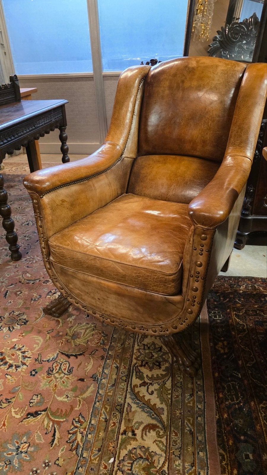 unieke antieke Engelse schapenlederen fauteuil, Ophalen